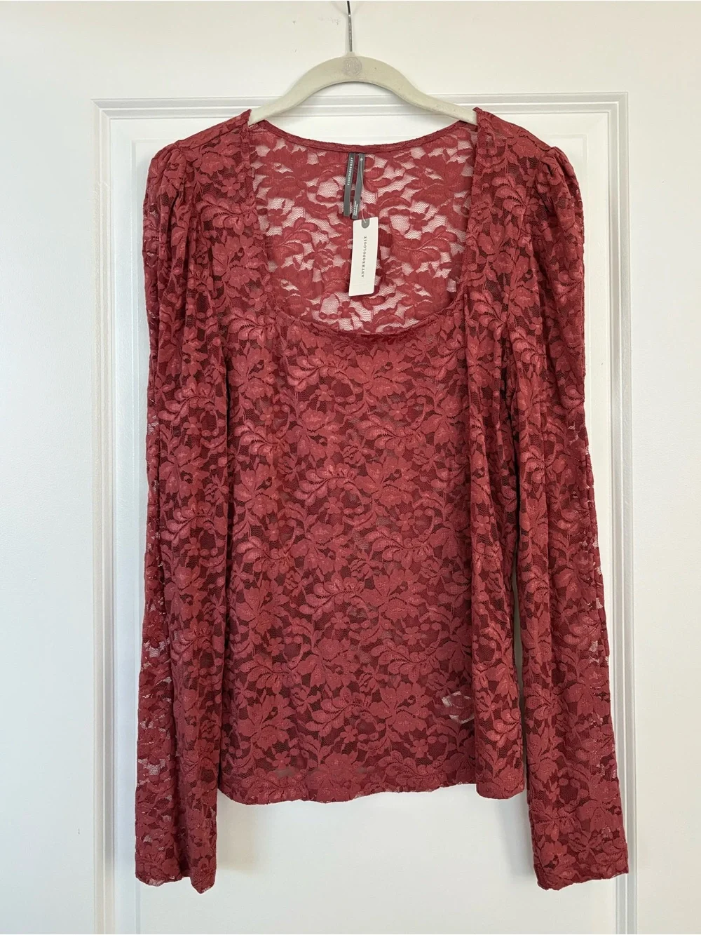 NWT Anthropologie Puff-Sleeve Sheer Lace Long Sleeve Top Size XL